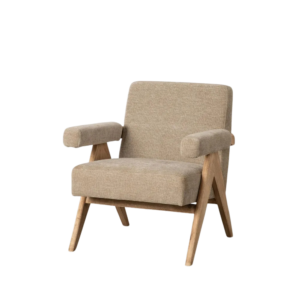 Sillón beige tejido y madera